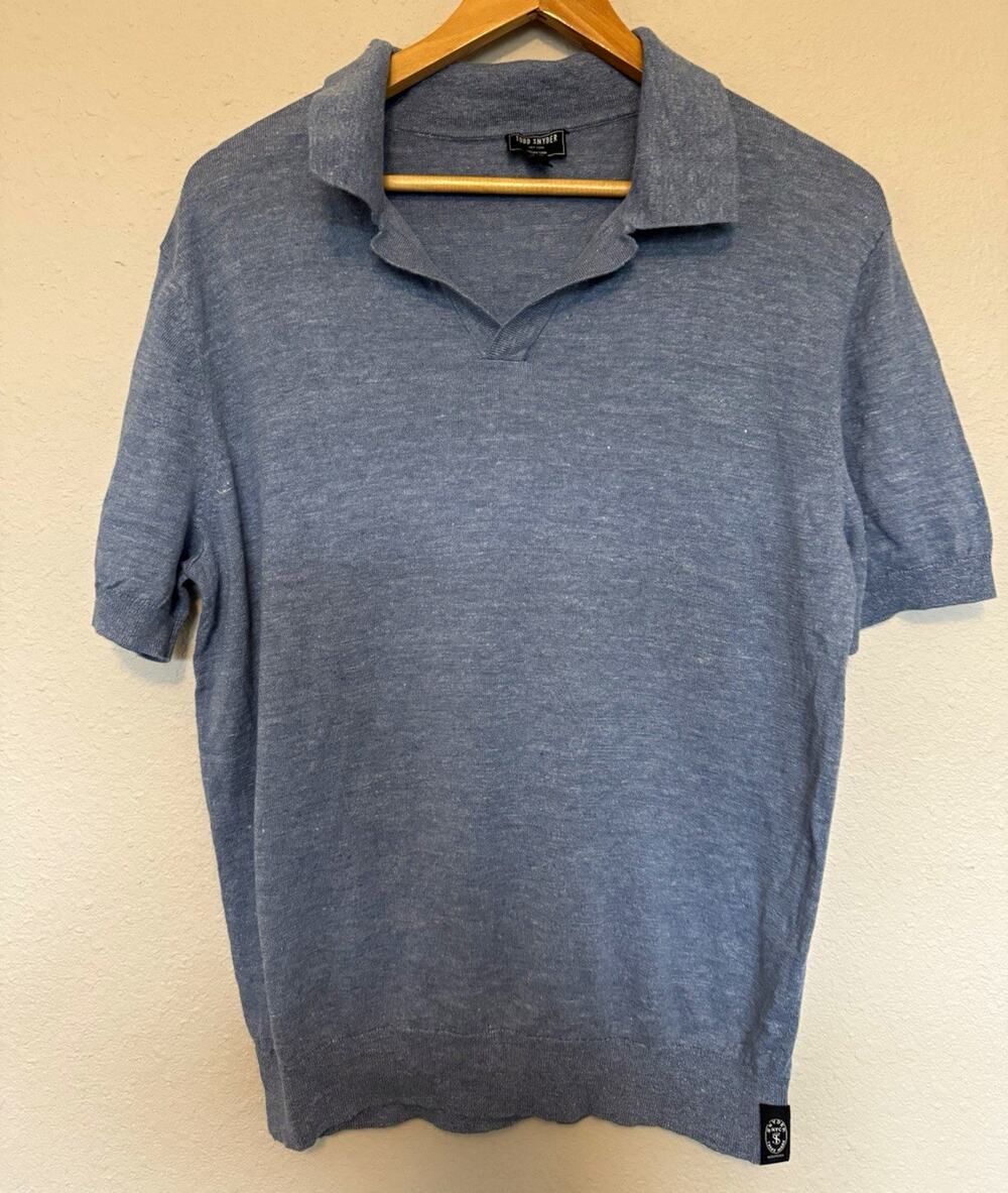 Todd Snyder Men's Italian Yarn Blue Solid Knit Polo Shirt Short Sleeve Size L